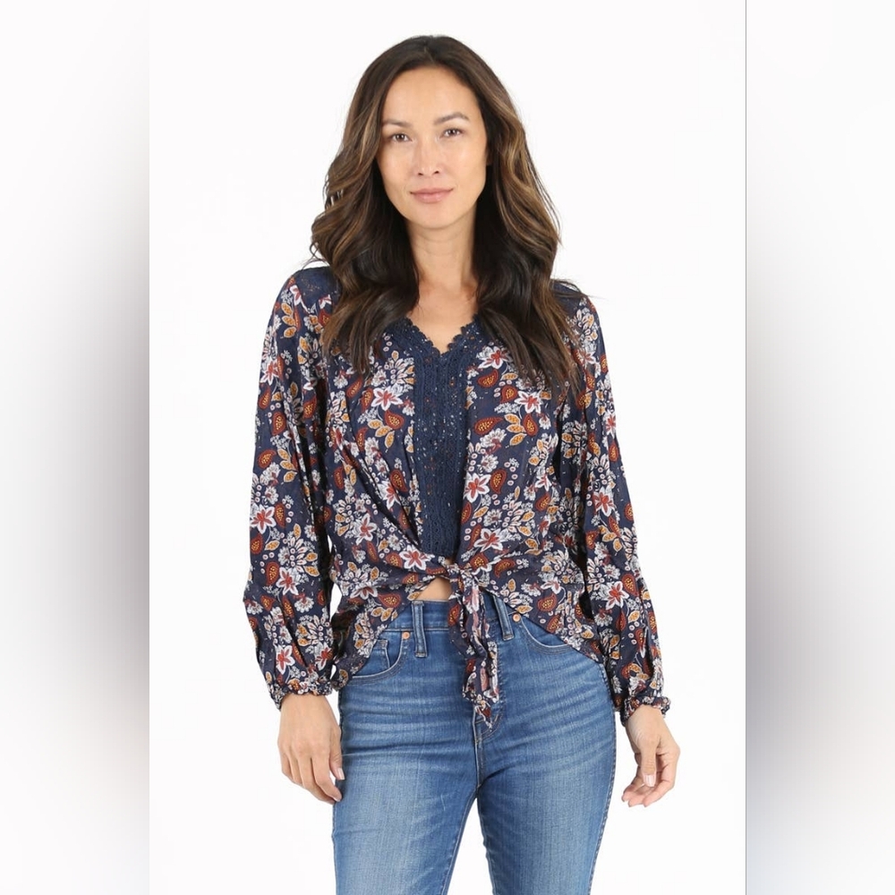 Midnight Lace Trim Tie Blouse